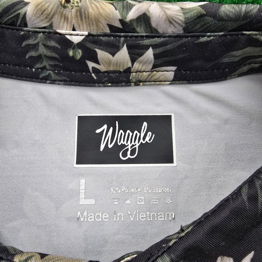 Waggle Polo Shirt Mens Large Black Floral Tropical Print Golf Performance AOP‎ - Picture 6 of 7